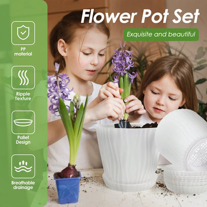 Set of 5 Planters with Drainage Holes and Saucers | Textured PP, 14.5 cm for Indoor and Outdoor Use