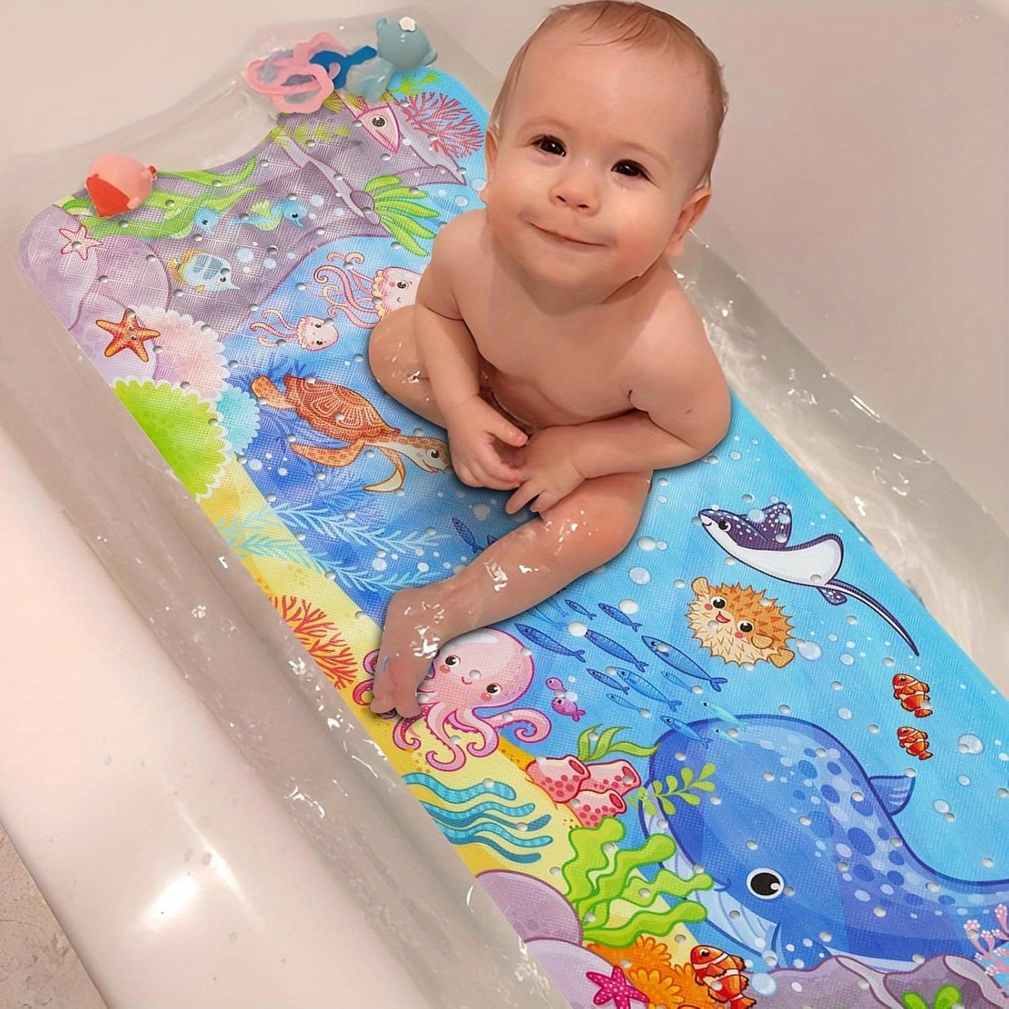 Non-Slip Bathtub Mat with Colorful Ocean Design and Suction Cups - Washable
