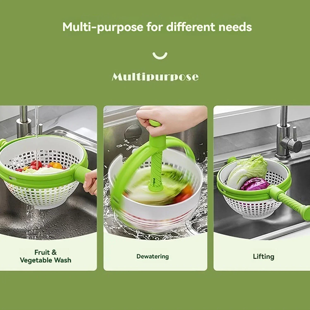 Vegetable Cleaning and Dehydrating Basket with Rotating Drain
