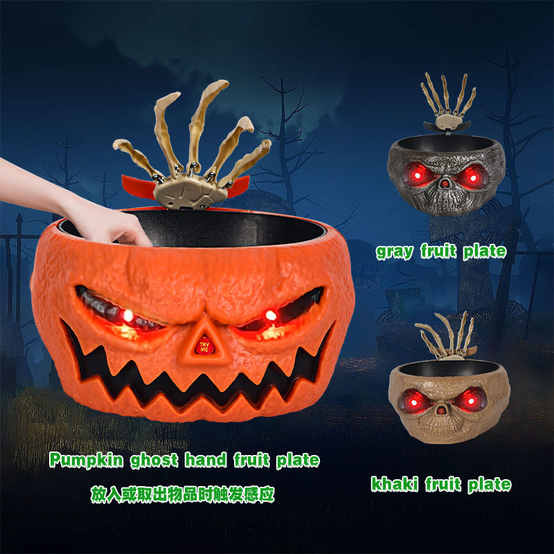 Halloween Motion Sensor Candy Bowl – Pumpkin Design with Skeleton Hand and Red Lights