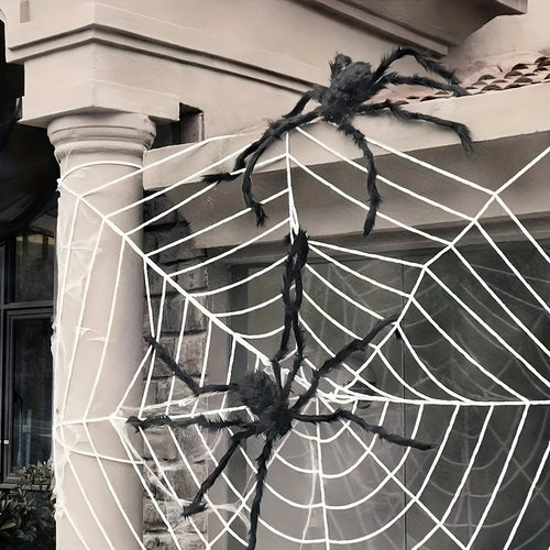 Halloween Decoration Set – 2 Giant 50cm Spiders with Stretchy Web