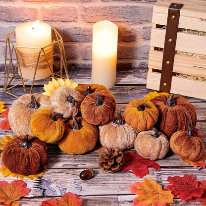 Autumn Pumpkin Decoration Set – 12 Velvet Finish Artificial Pumpkins
