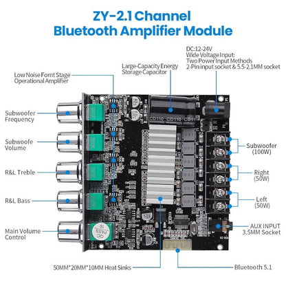 High-Power 2.1 Channel Bluetooth Audio Amplifier