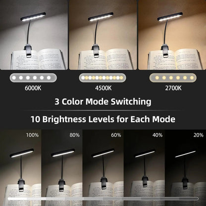 Rechargeable LED Clip Reading Light with 3 Color Modes & 10 Brightness Levels