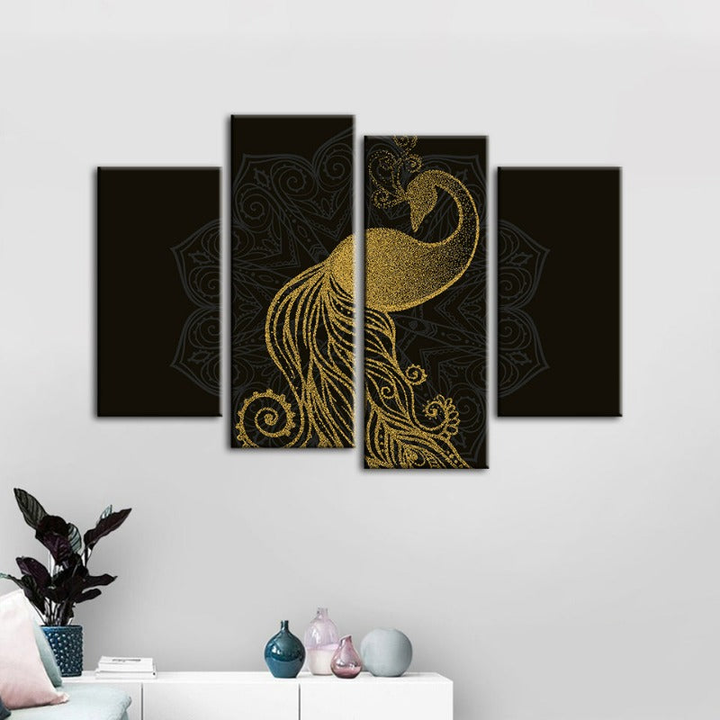 Elegant Golden Mandala Peacock Art Set - 4 Canvas Pieces