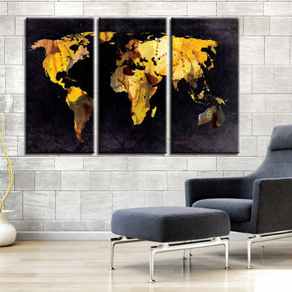 Set of 3 Canvas Art Prints - Yellow Leaf World Map Decor