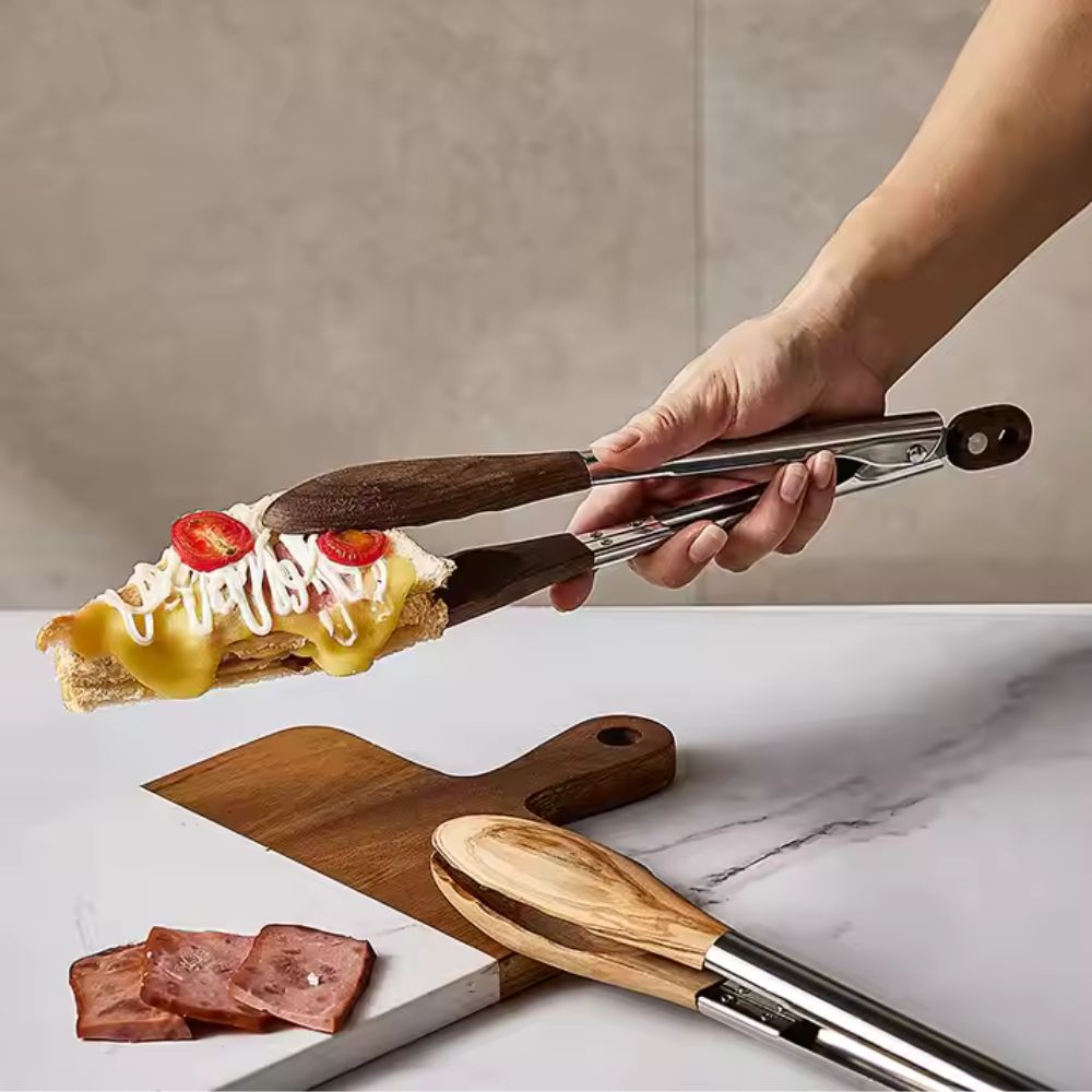 BBQ Tongs with Locking Mechanism and Wooden Handle – Stainless Steel