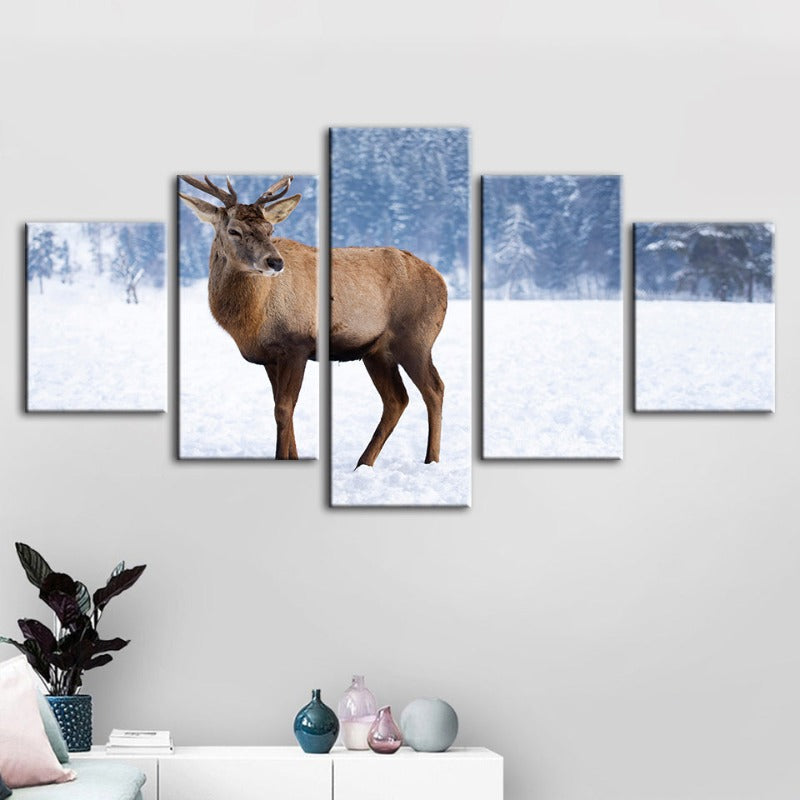 Serene Winter Deer - 5 Panel Canvas Artwork