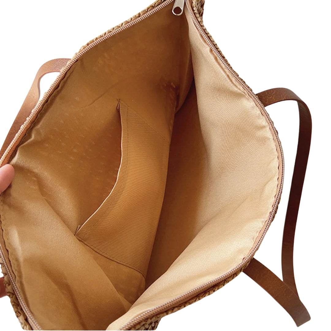 Women's Leather-Handled Wicker Tote Bag