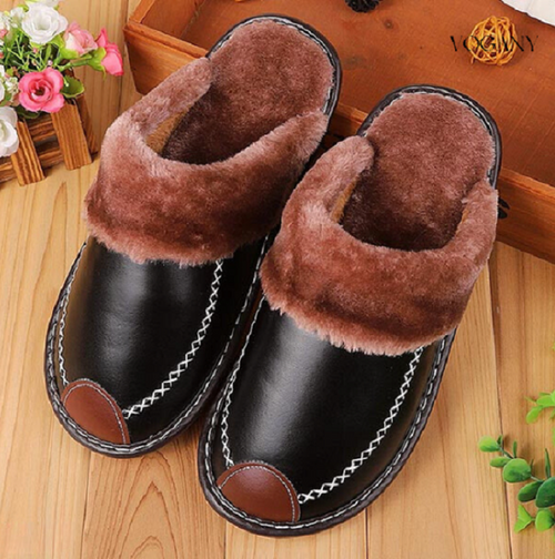 Thick Plus Velvet Leather Slippers for Men – Warm Winter Footwear
