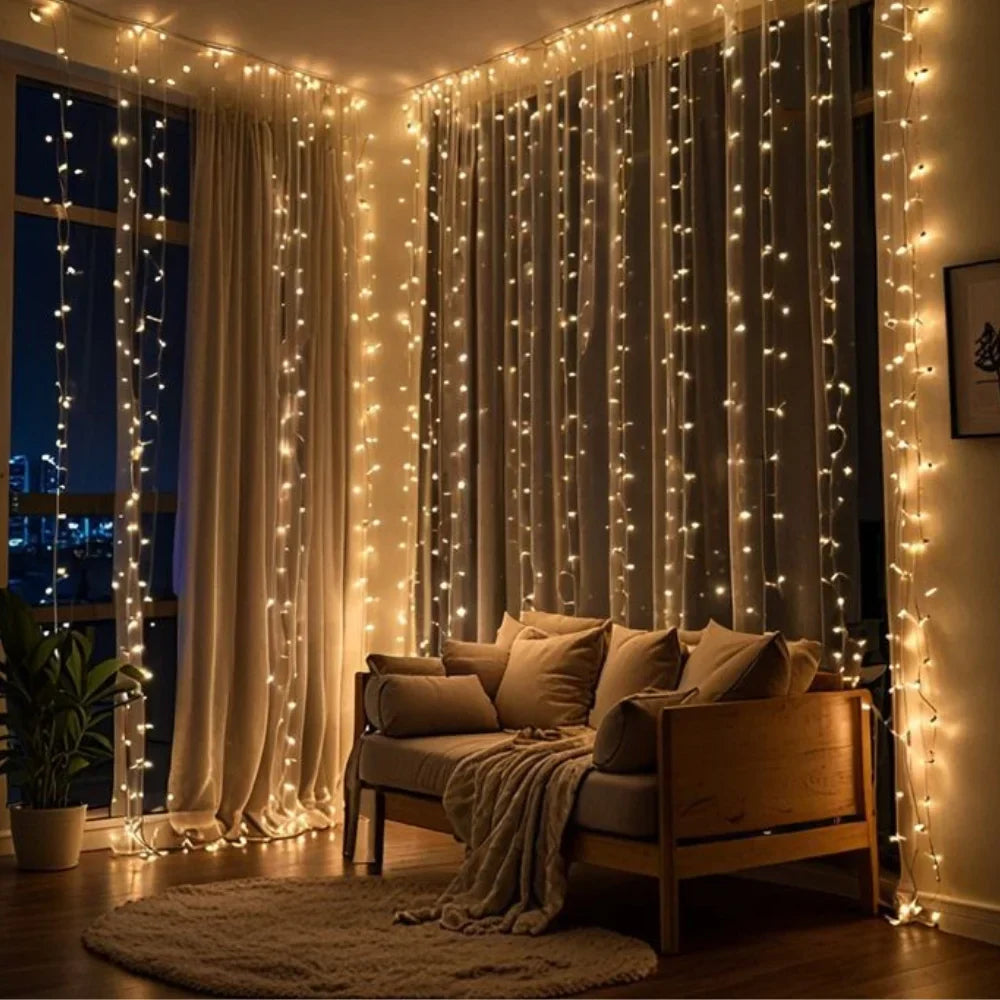 Warm White LED Fairy Curtain Lights with 8 Dynamic Modes for Relaxation