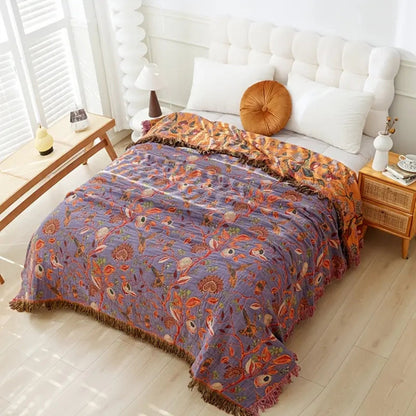 Elegant Floral Cotton Throw Blanket with Tassels