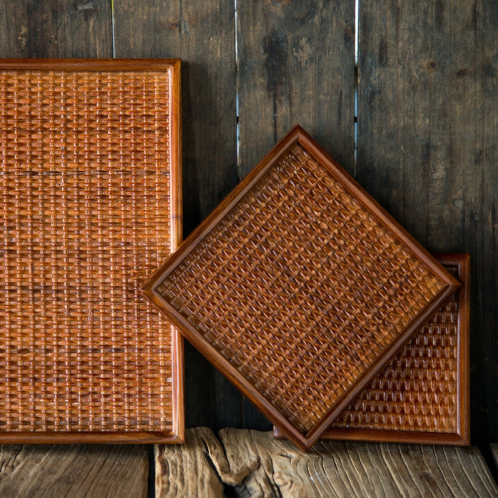 Sophisticated Rattan-Style Wooden Serving Tray