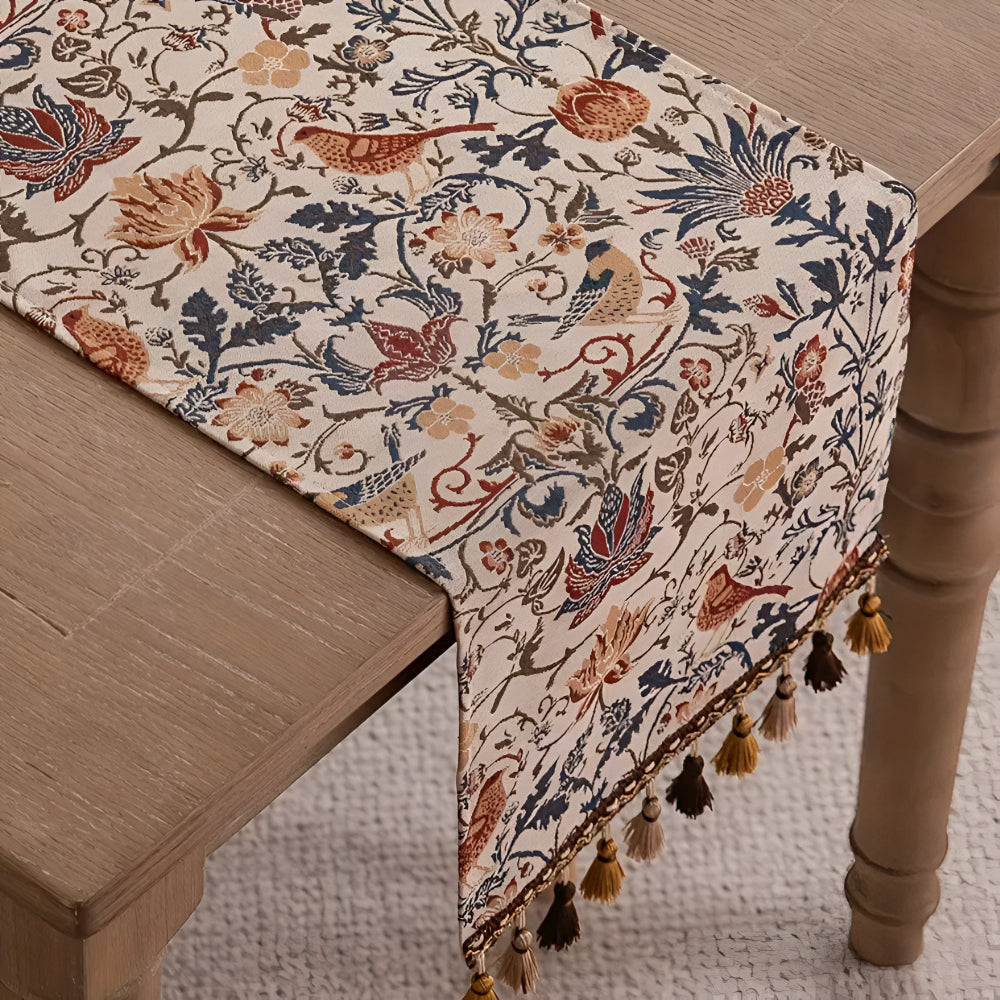 Charming Jacquard Table Runner with Floral and Bird Motifs