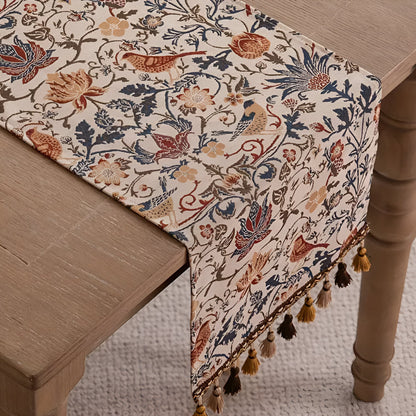 Charming Jacquard Table Runner with Floral and Bird Motifs