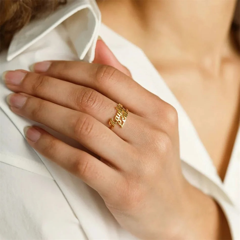 Customizable Dual-Name Ring | Stainless Steel with 18K Gold Finish | Adjustable Size | Available in Gold, Silver & Rose Gold
