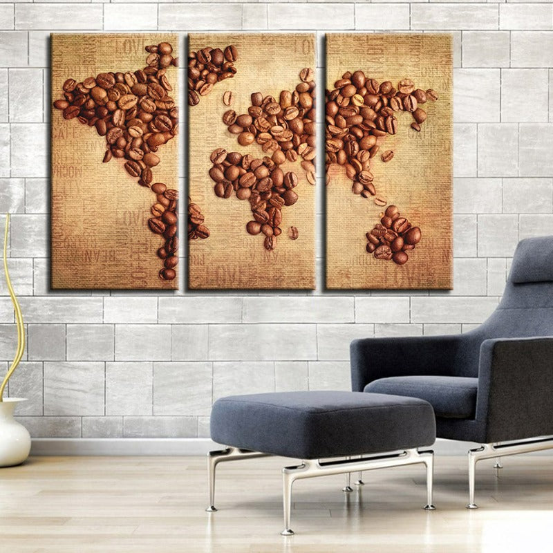 Set of 3 Canvas Art Pieces - Abstract World Map with Coffee Beans