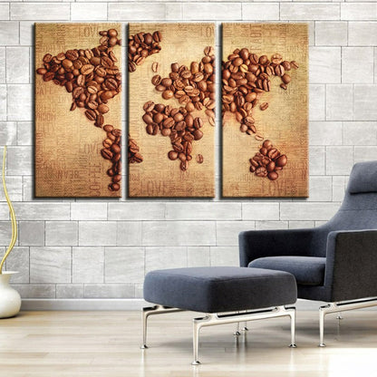 Set of 3 Canvas Art Pieces - Abstract World Map with Coffee Beans