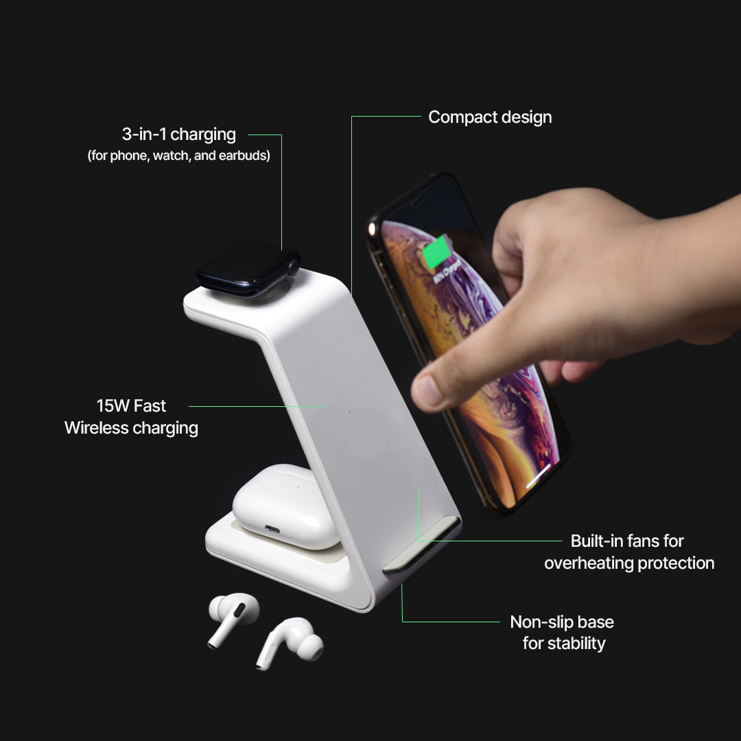 Wireless Charging Hub for Phone, Smartwatch & Earbuds – 3 Devices