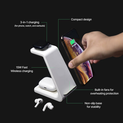 Wireless Charging Hub for Phone, Smartwatch & Earbuds – 3 Devices