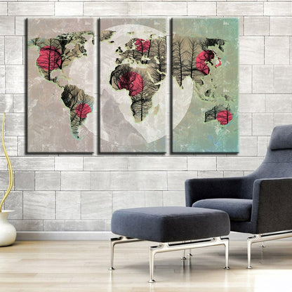 Abstract Pink Sun World Map Canvas Art Set - 3 Piece Wall Decor