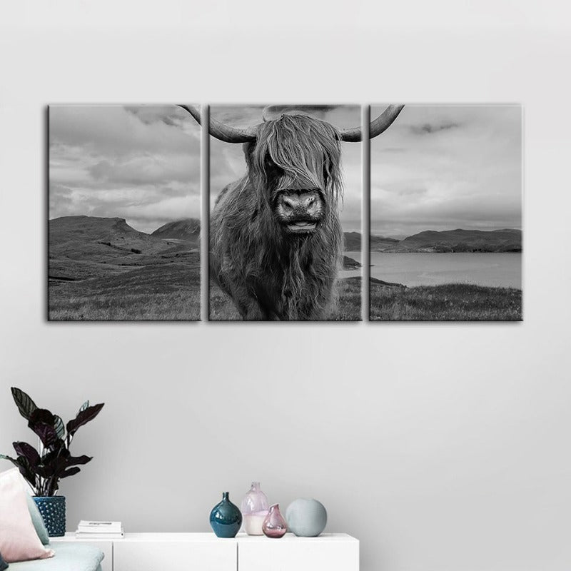 Set of 3 Canvas Wall Art Paintings – Black and White Cow Design