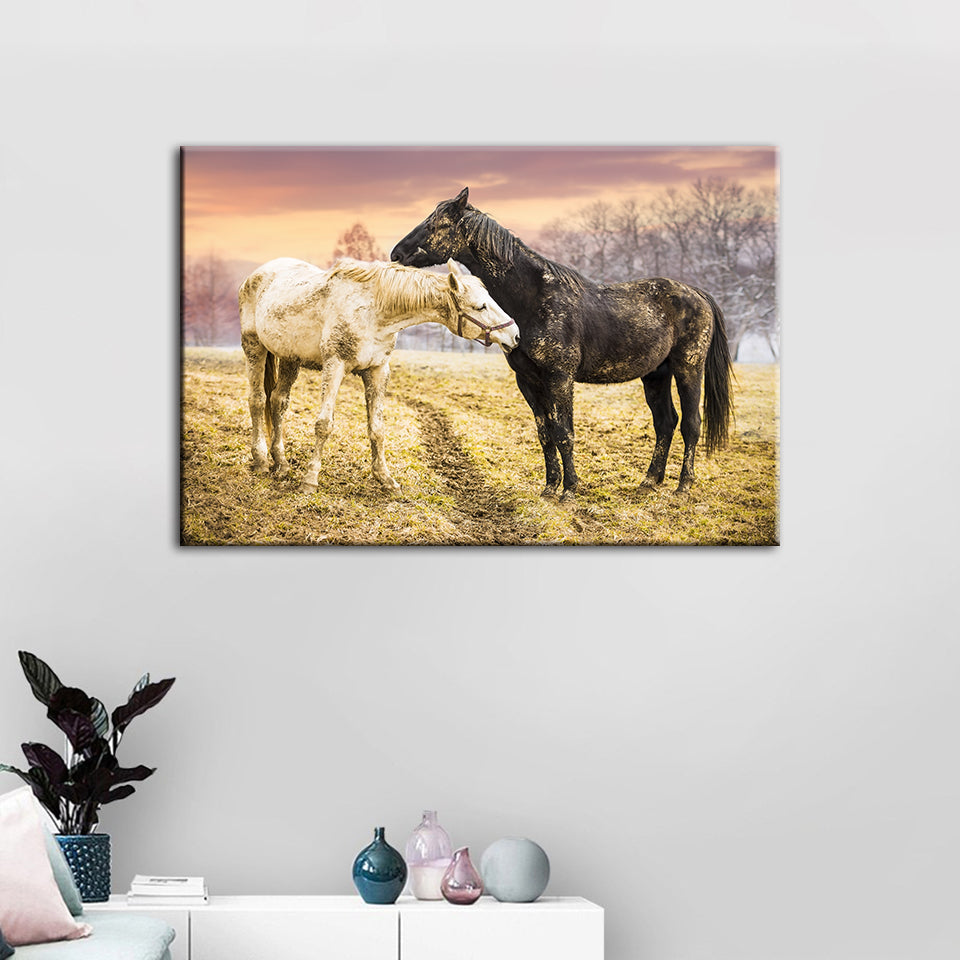 Canvas Art Print of Black and White Horses for Wall Decor