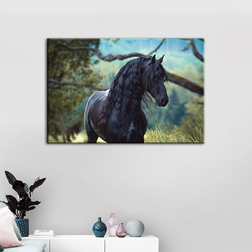 Canvas Artwork of a Black Horse in the Forest