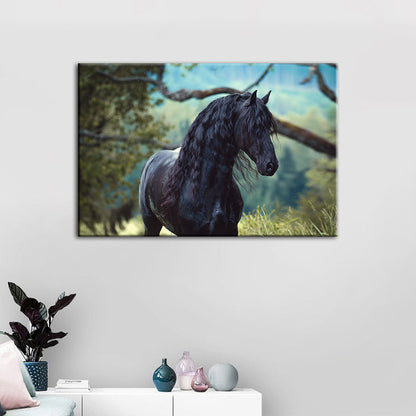 Canvas Artwork of a Black Horse in the Forest