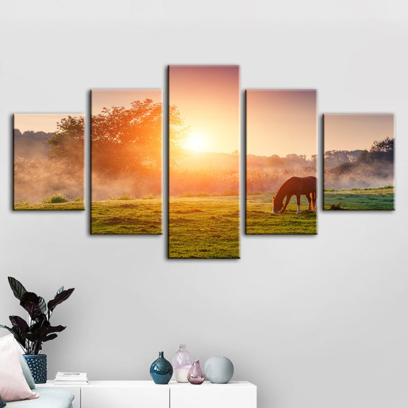 Tranquil Dawn - 5-Piece Canvas Horse Wall Art