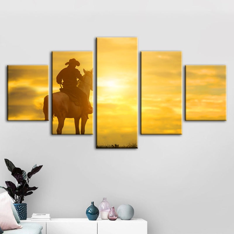 5-Piece Canvas Art Set: Cowboy and Horse at Sunset