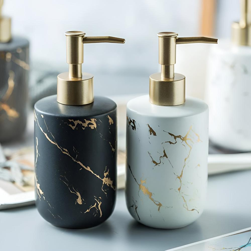 Sophisticated Ceramic Soap Dispenser | Marble Finish & Gold Touches | 400 ml for Bathroom & Kitchen