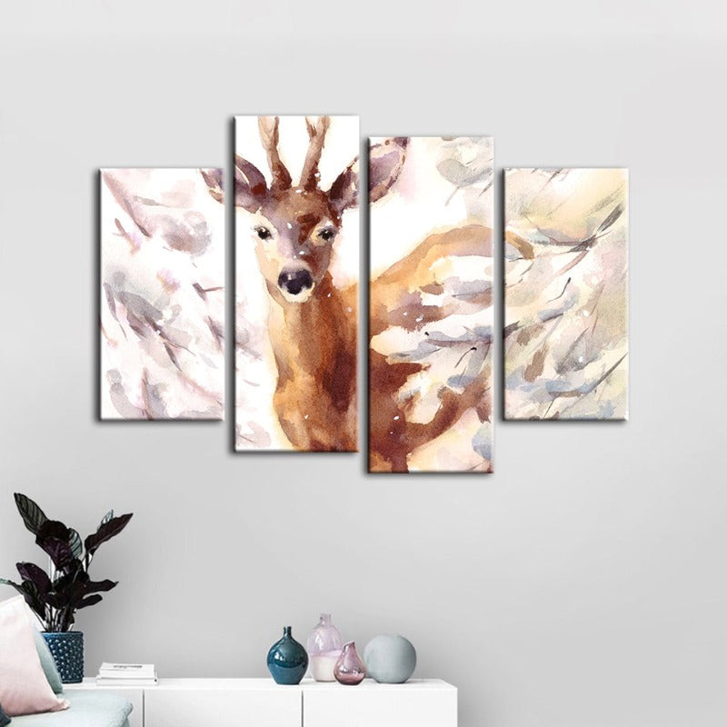 Serene Snowy Deer - 4-Piece Canvas Artwork for Home Décor