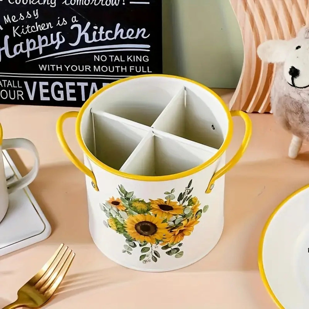 Vintage Floral Cutlery Organizer with Divider Lid