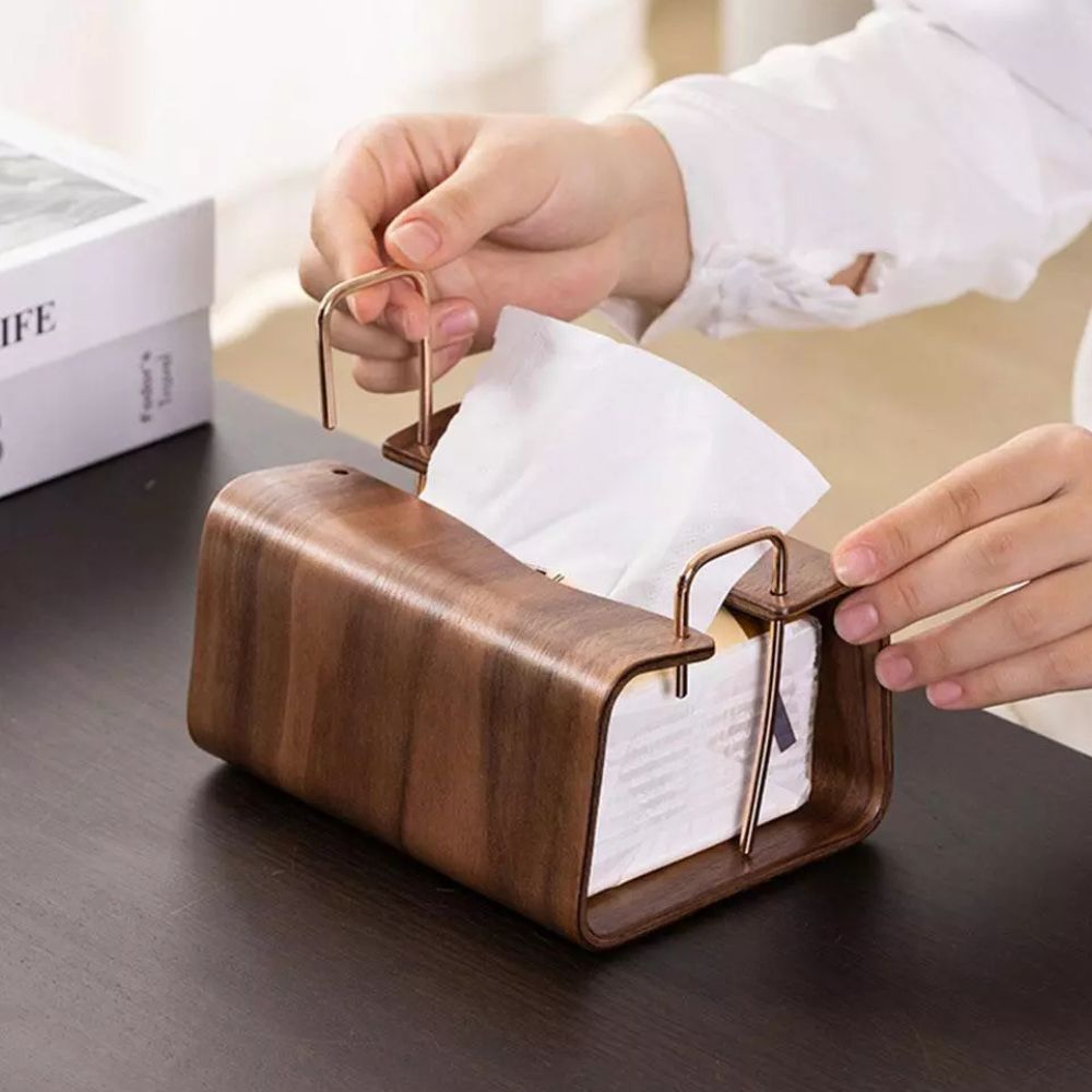 Elegant Walnut Tissue Dispenser with Brass Detailing