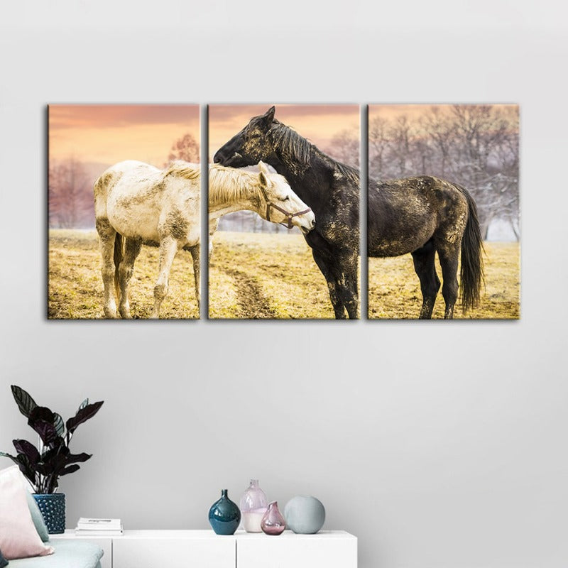 Set of 3 Canvas Wall Art Paintings – Black and White Horses