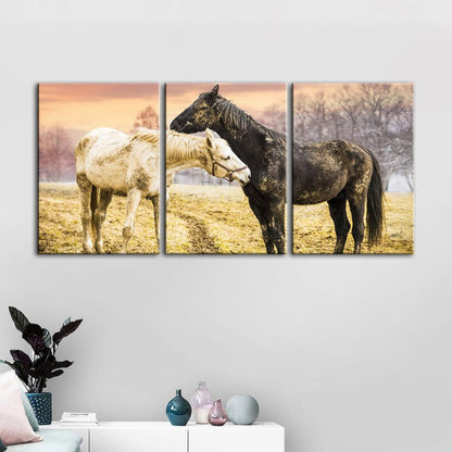 Set of 3 Canvas Wall Art Paintings – Black and White Horses