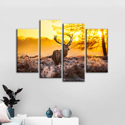 Serene Dawn Deer Canvas Art - 4 Piece Set for Home Decor