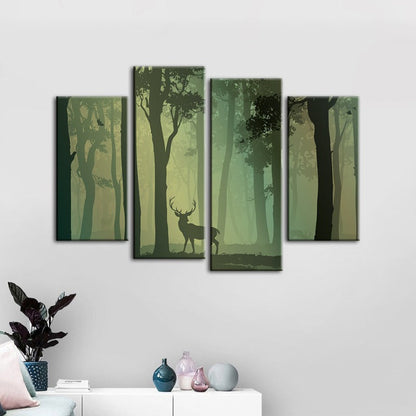 Majestic Green Forest Deer - 4 Piece Canvas Art Set