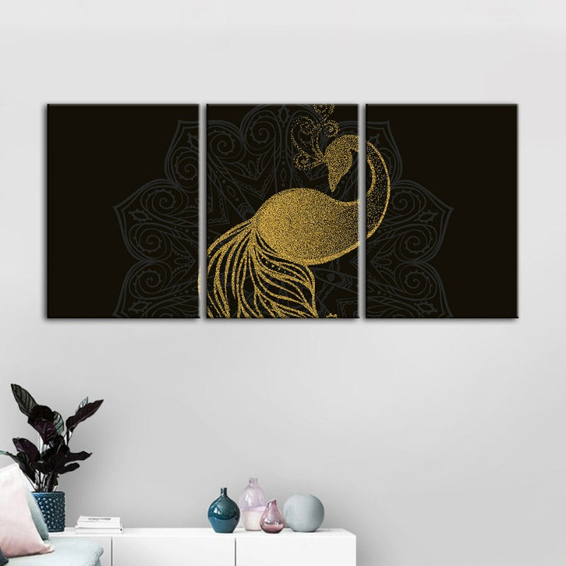 Tranquil Golden Peacock Mandala - 3-Piece Canvas Art Set