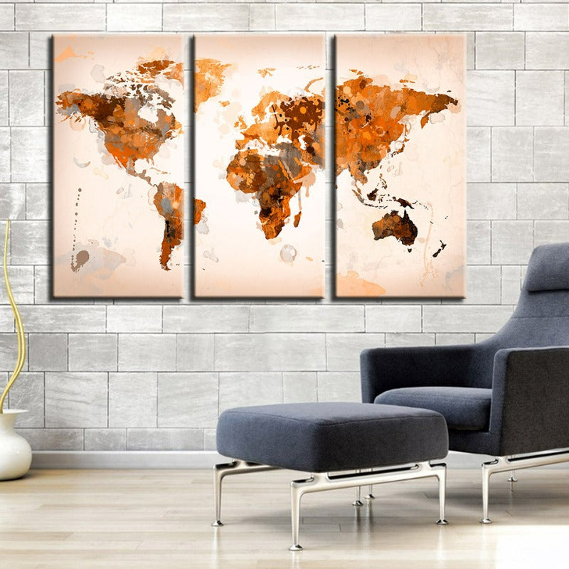 Set of 3 Abstract Canvas Wall Art - Brown World Map Design