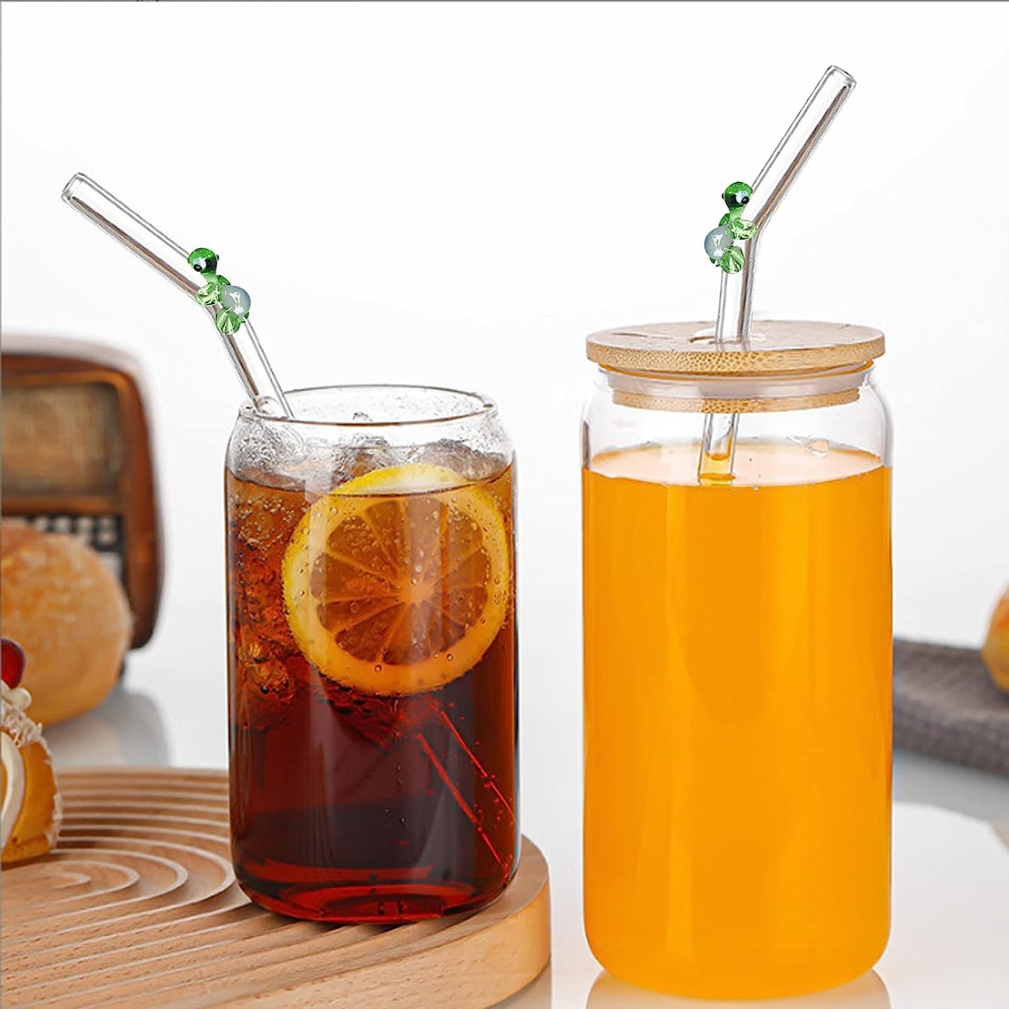 Set of 6 Reusable Stained Glass Drinking Straws with Cleaning Brush