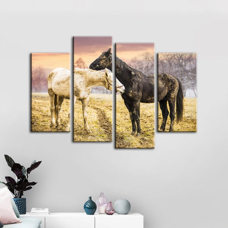 Stunning 4-Piece Black & White Horse Canvas Art Set