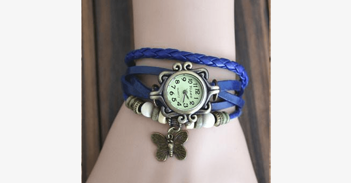 Multicolored Genuine Leather Butterfly Wrap Watch with Snap Closure