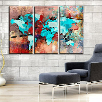 Abstract Canvas Art Set of 3 - Sea Blue and Red World Map Decor