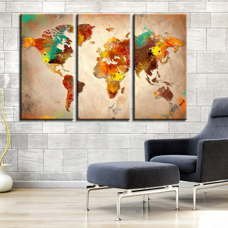 Set of 3 Canvas Wall Art - Colorful Abstract World Map