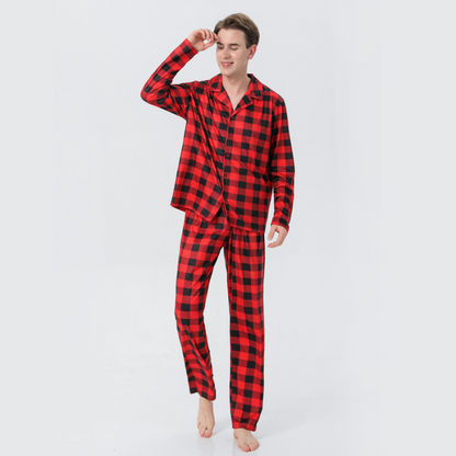Red Checkered Family Matching Christmas Pajamas with Stand-Up Collar