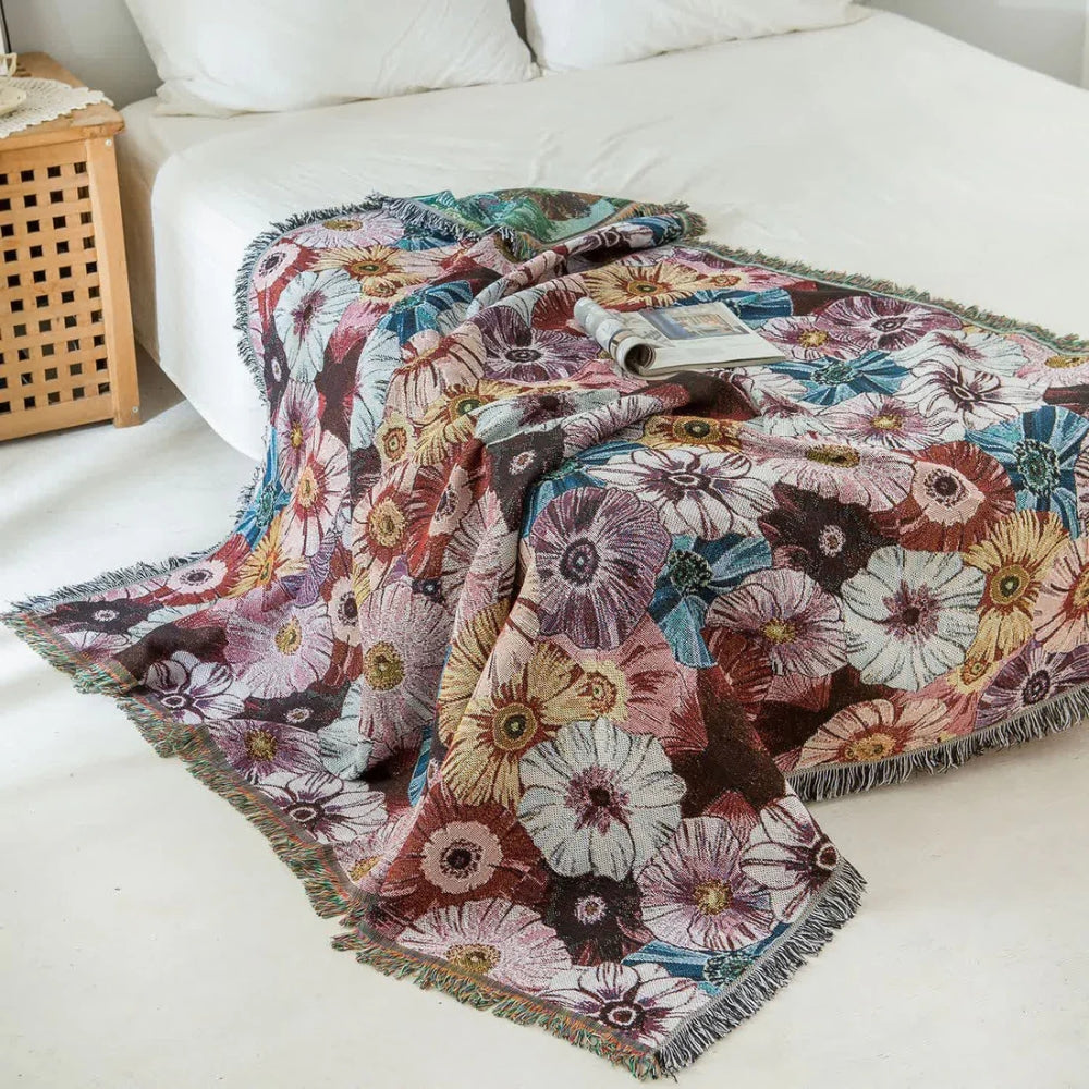 Charming Floral Woven Blanket with Tassels for Cozy Living