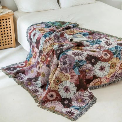 Charming Floral Woven Blanket with Tassels for Cozy Living