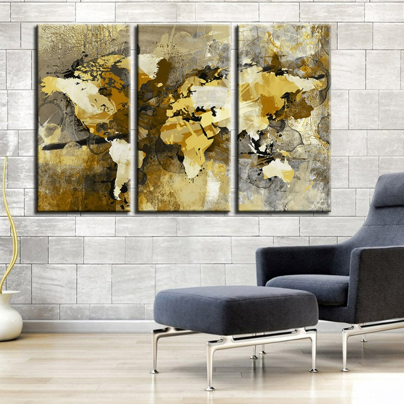 Abstract Yellow and Brown World Map Canvas Art Set of 3 Panels